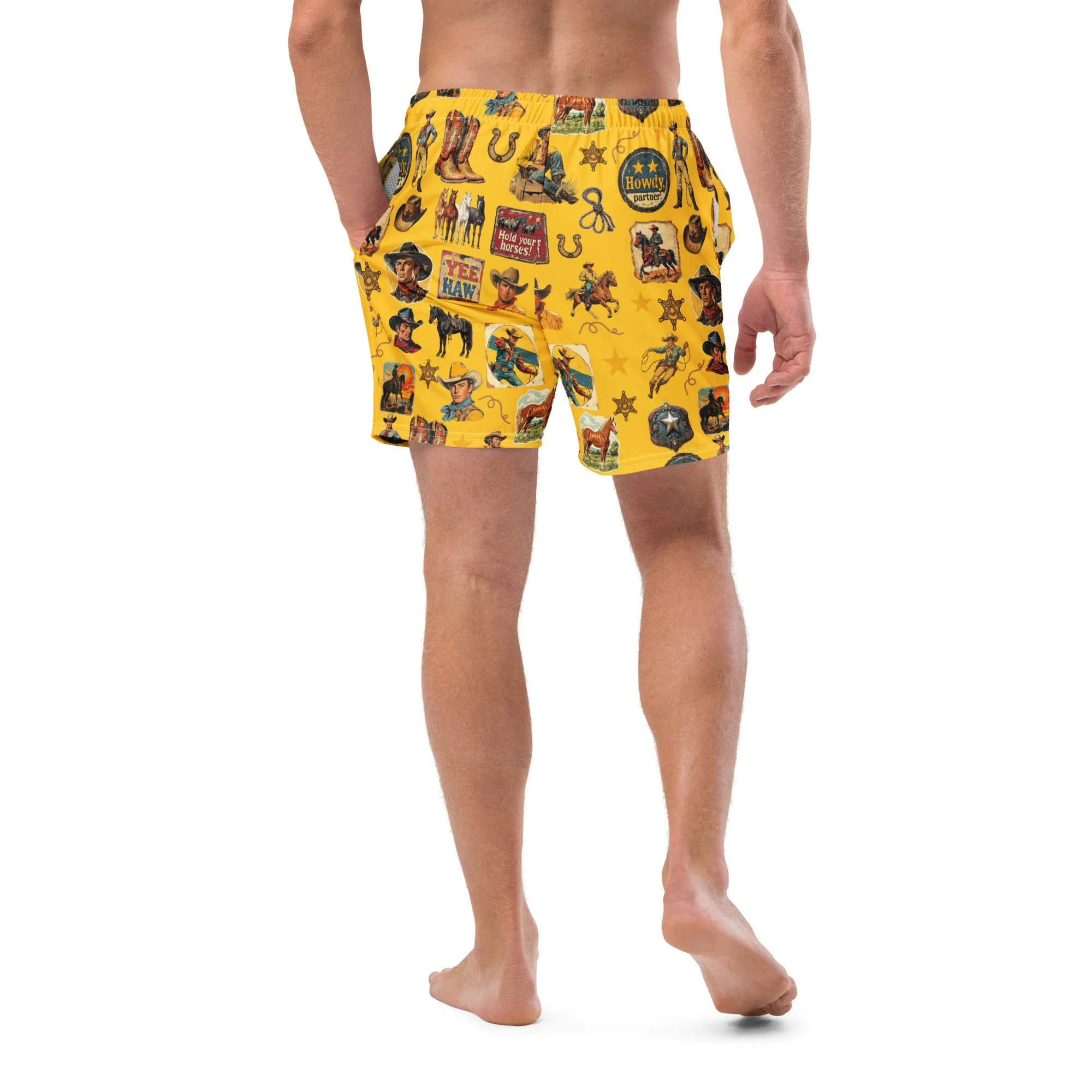 Powerful YEEHAW Vintage Cowboy Collage Western Swim Trunks Shorts World-Class