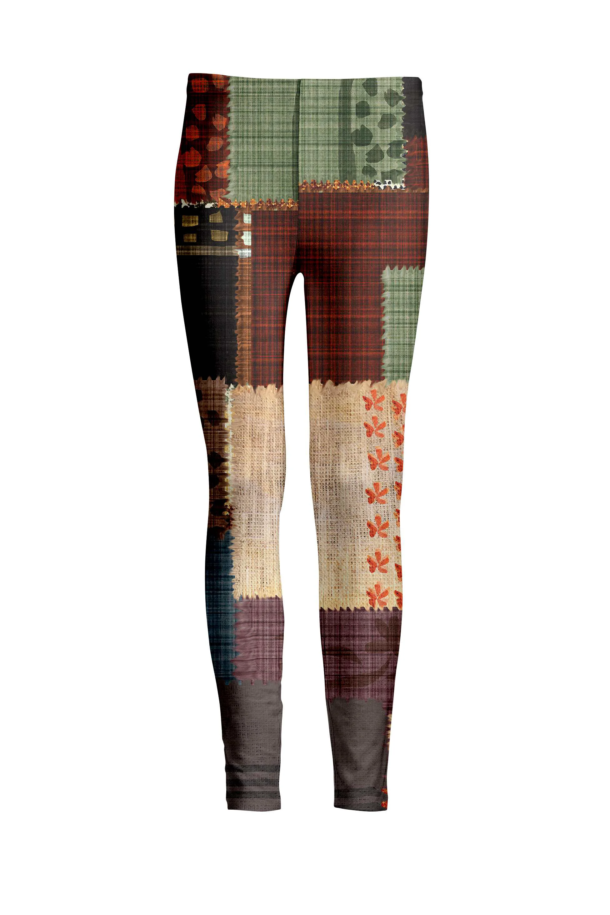 Exceptional Lily by Firmiana Women's Medium Rise Leggings Brown and Multicolored Fall Patchwork Green