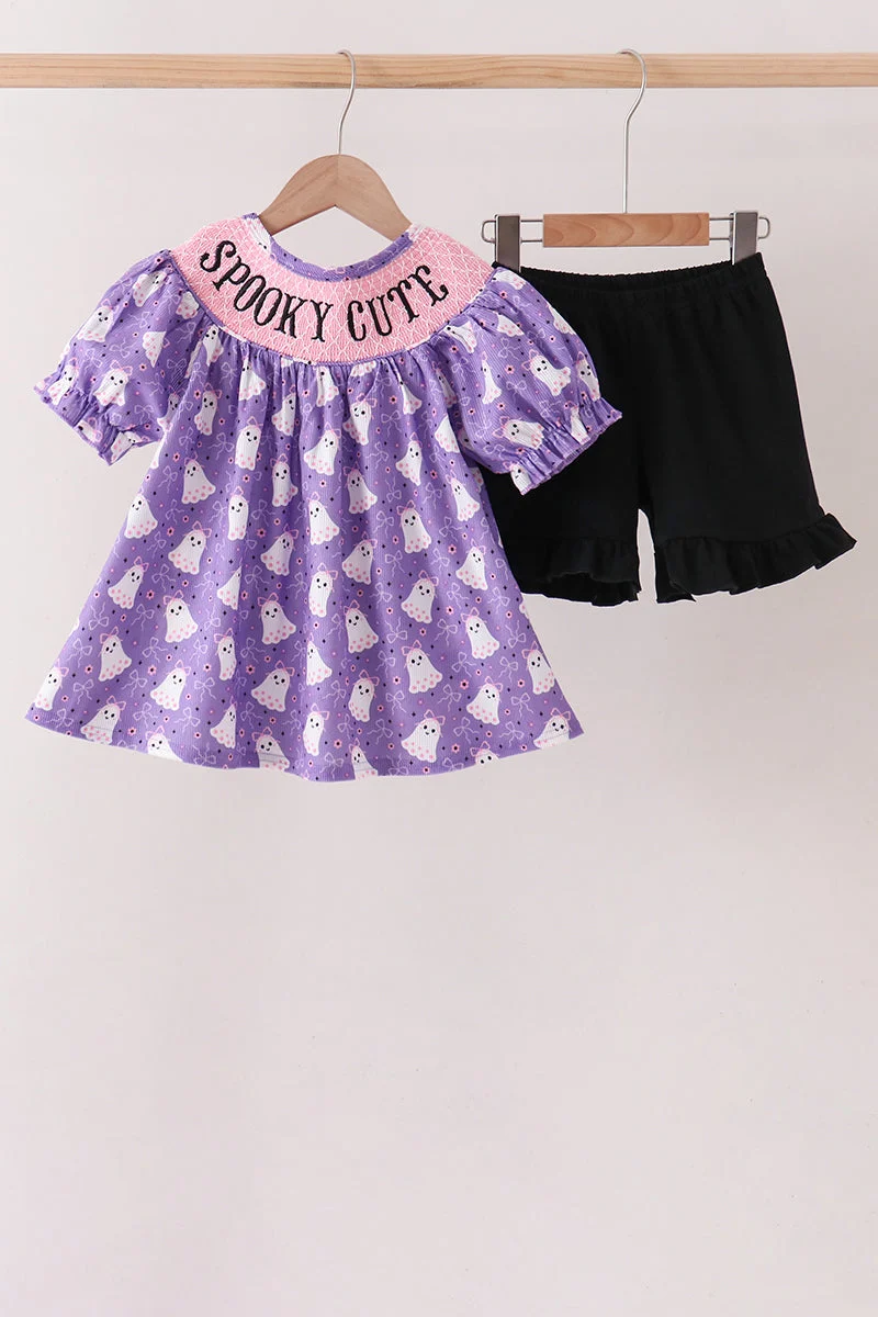 Top-Quality Purple Spooky cute Smocked Ruffle Shorts Set Recyclable