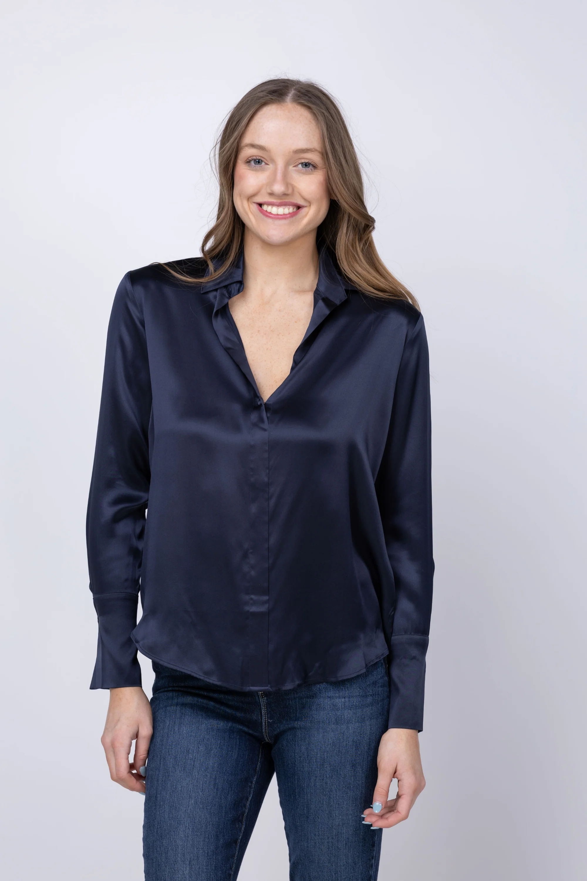 Unique Catherine Gee Daria French Cuff Silk Blouse in Midnight Navy Advanced