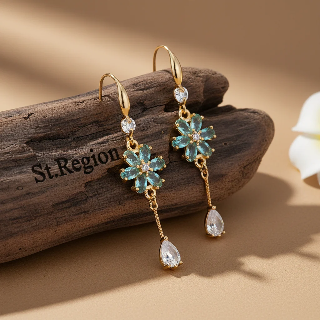 World-Class Pink Crystal Cubic Zirconia Goldtone Flower Drop Hook Earrings Relaxed
