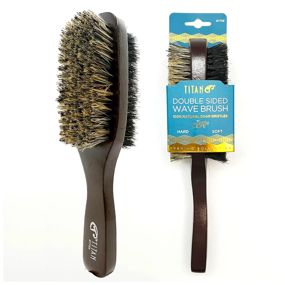 Secure Titan Double Sided Wave Brush Natural Boar Bristles for Smoothing Waves Fades or Short Cuts Wooden Handle 1Ea Durable