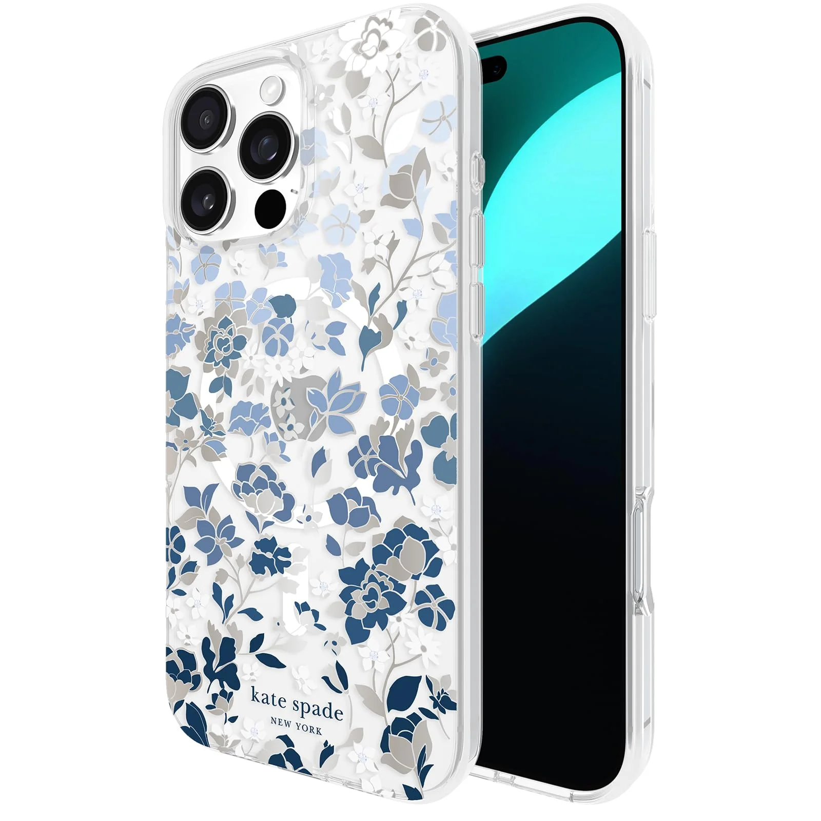 Luxury kate spade new york iPhone 16 Pro Max Case - Compatible with MagSafe - Designer Phone Case - Flowerbed Blue Gems Breathable