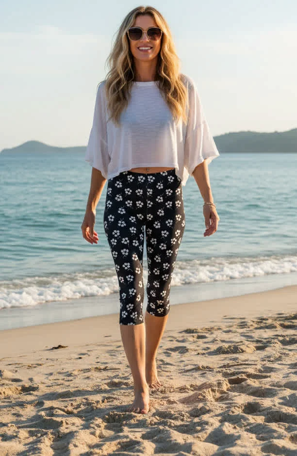 Elegant Lily by Firmiana Women s Capri Leggings Women s Apparel Black White Paw Print Flexible