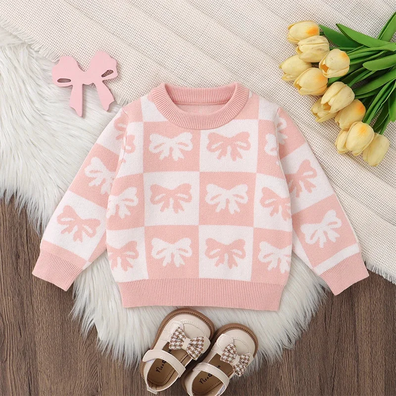 Prestigious Baby Toddler Girls Sweater Bow Print Contrast Color Checkered Crew Neck Long Sleeve Baby Pullover Fall TopSPECIFICATIONS Advanced