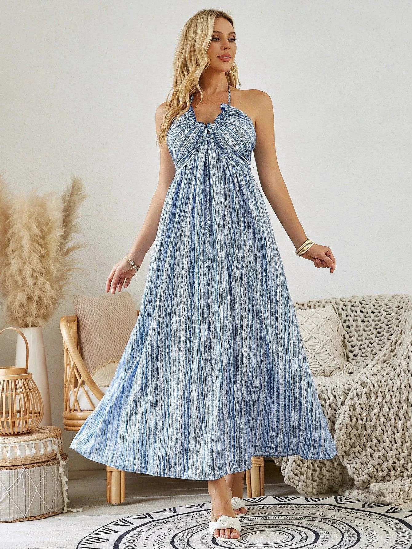 Detailed Bohemian Halter Maxi Dress - Women's Summer Sleeveless Flowy Beach Dress🌞 Bohemian Halter Maxi Dress - Your Summer Essential Secure