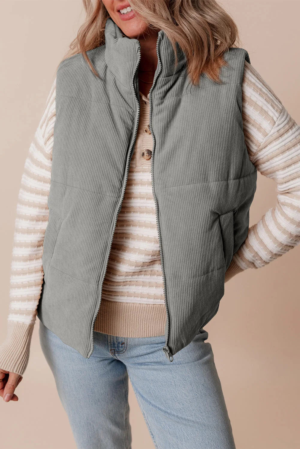 Classic Threaded Pear Taytum Stand Zipped Puffer Vest High-End