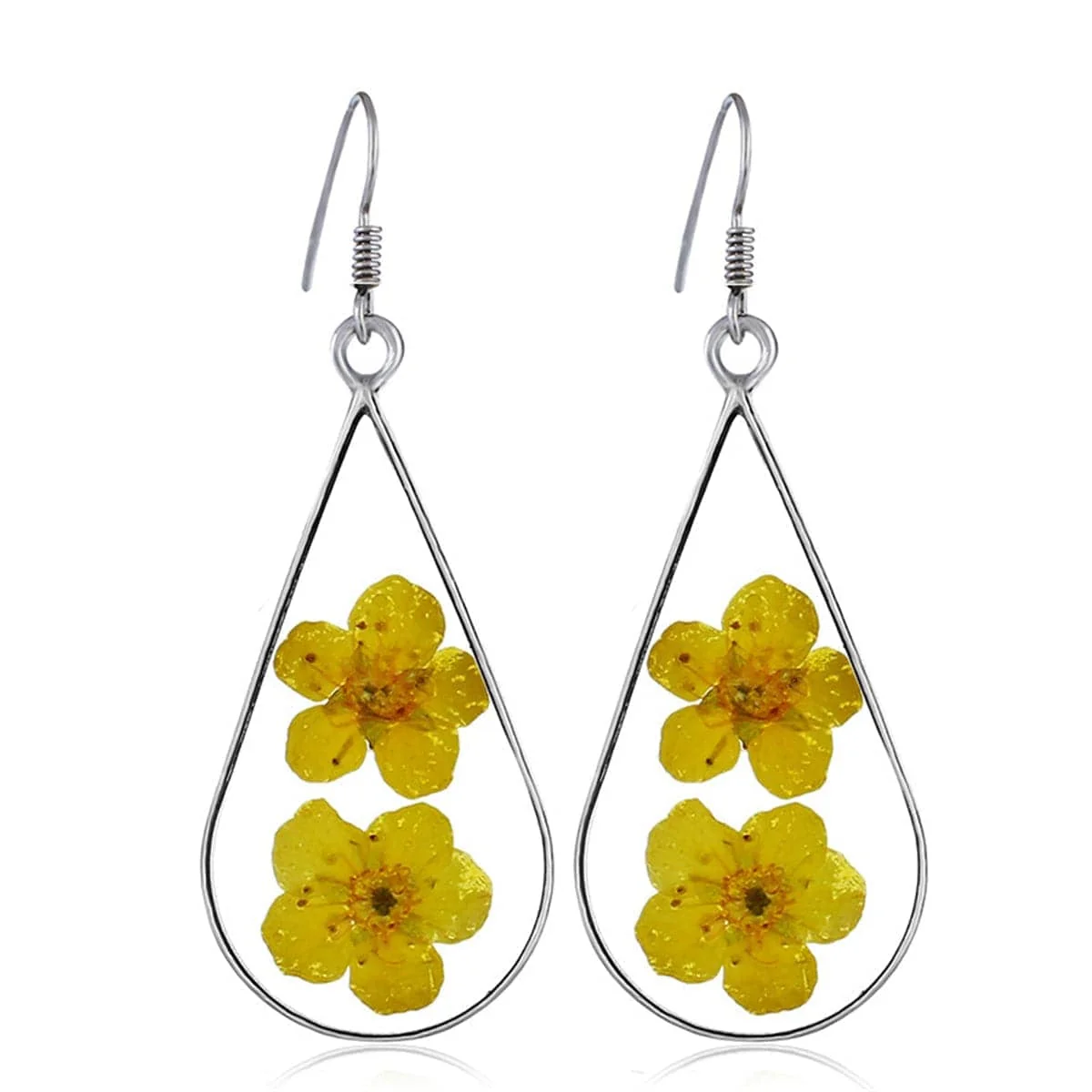World-Class Double Yellow Pressed Peach Flower Silvertone Drop Earrings Organic