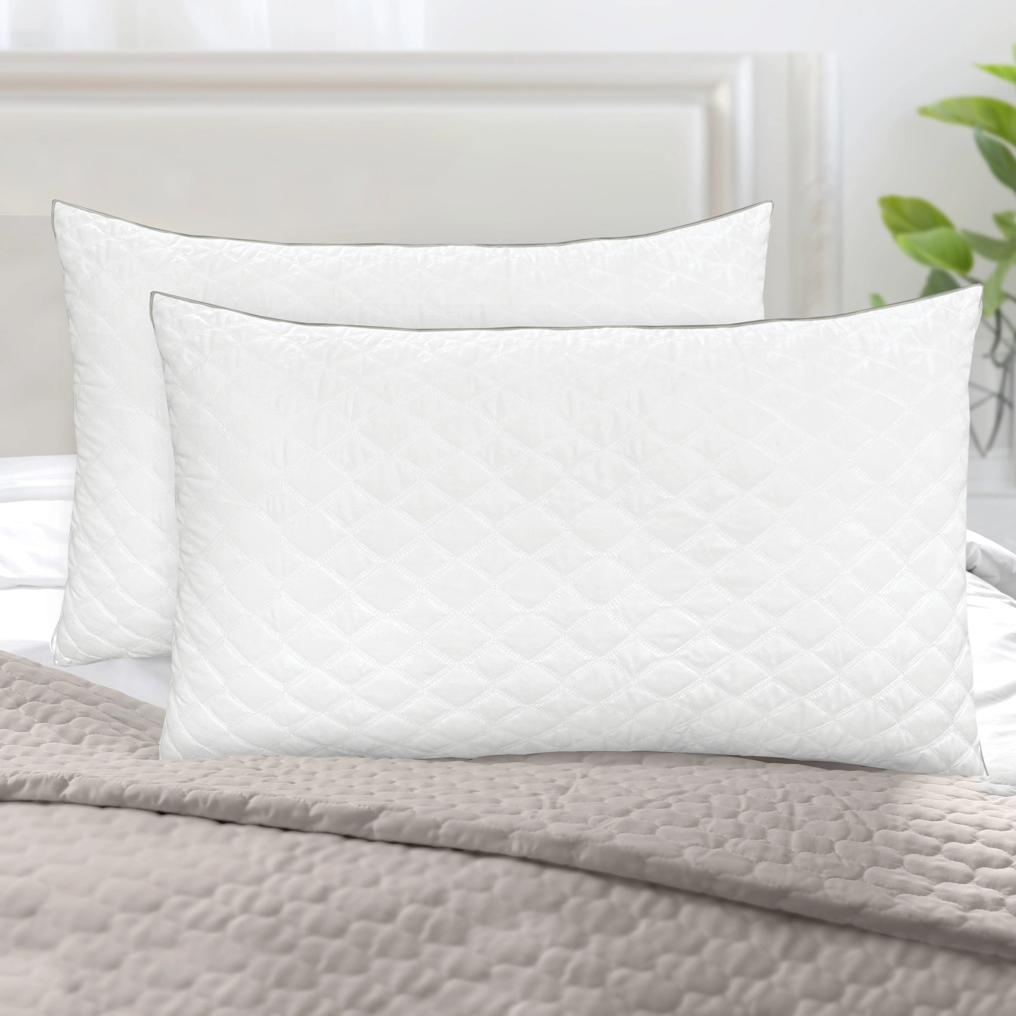 Sophisticated Elegant Comfort Diamond Stitched Quilted Hotel Pillows Goose-Down - Set of 2 High-Quality