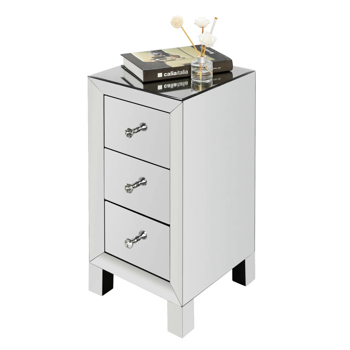 Official Elegant Three Drawer Silver Mirrored Bedside Nightstand Table Detailed