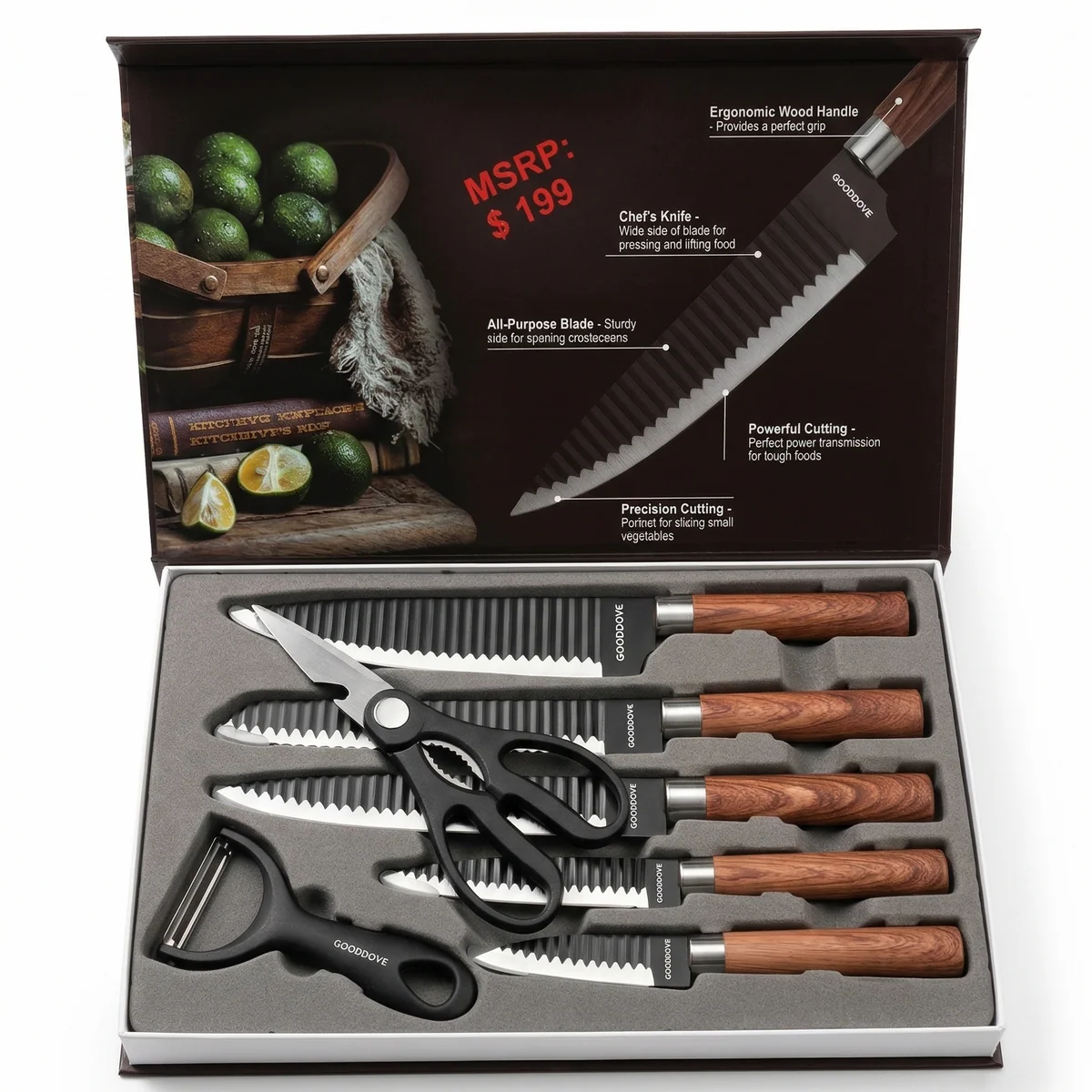 Quality 7 Piece Kitchen Knife Set – Stainless Steel Non-Stick Blade Wood Handle Practical