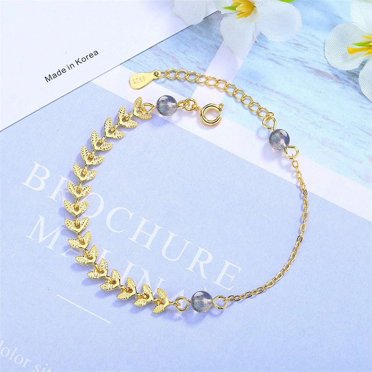 World-Class Moonstone Goldtone Leaves Station Bracelet Detailed