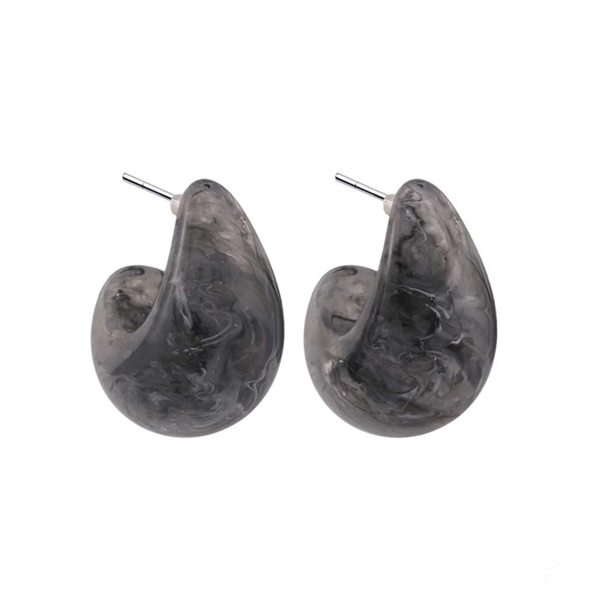 Artisan Gray Resin Silvertone Rounded Drop Huggie Earrings Original