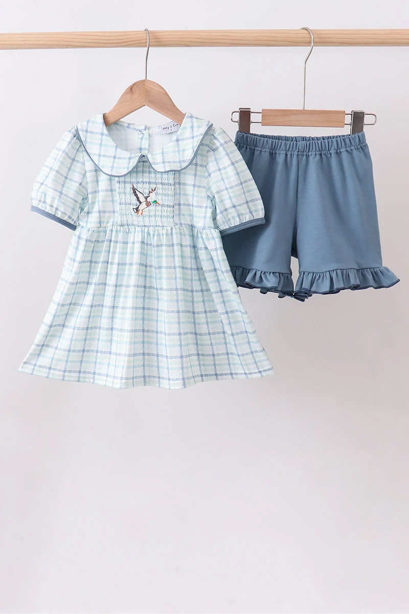 Unique Blue plaid duck smocked ruffle shorts set Relaxed