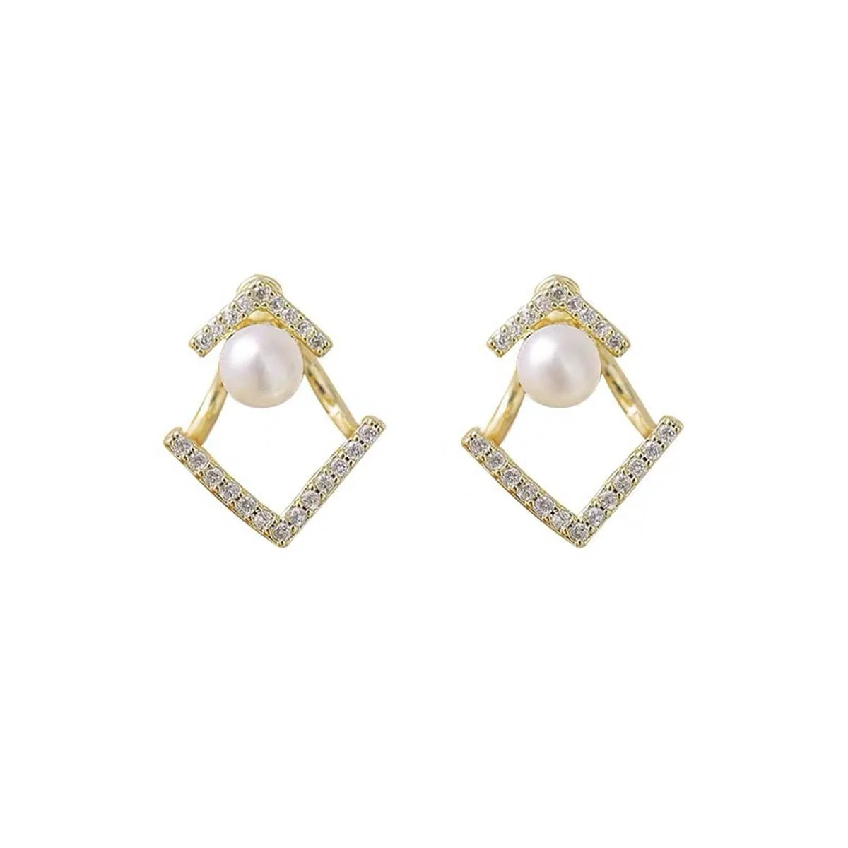 Comfortable Pearl Cubic Zirconia Goldtone Rhombus Ear Jackets Natural