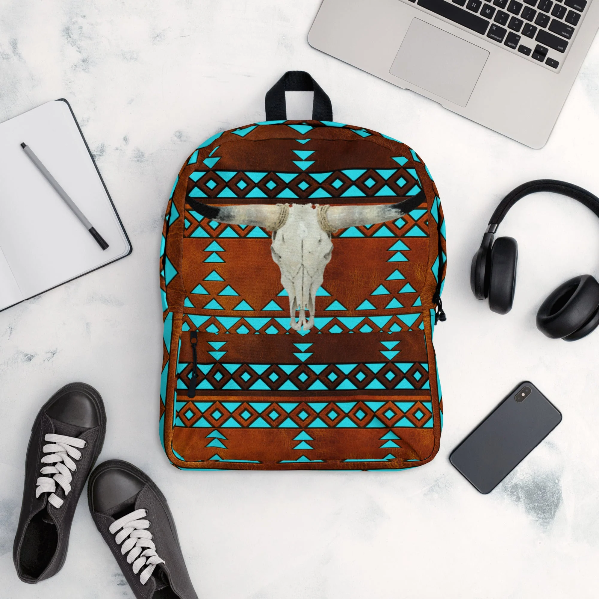 Organic Turquoise Aztec Bull Skull Backpack Quality