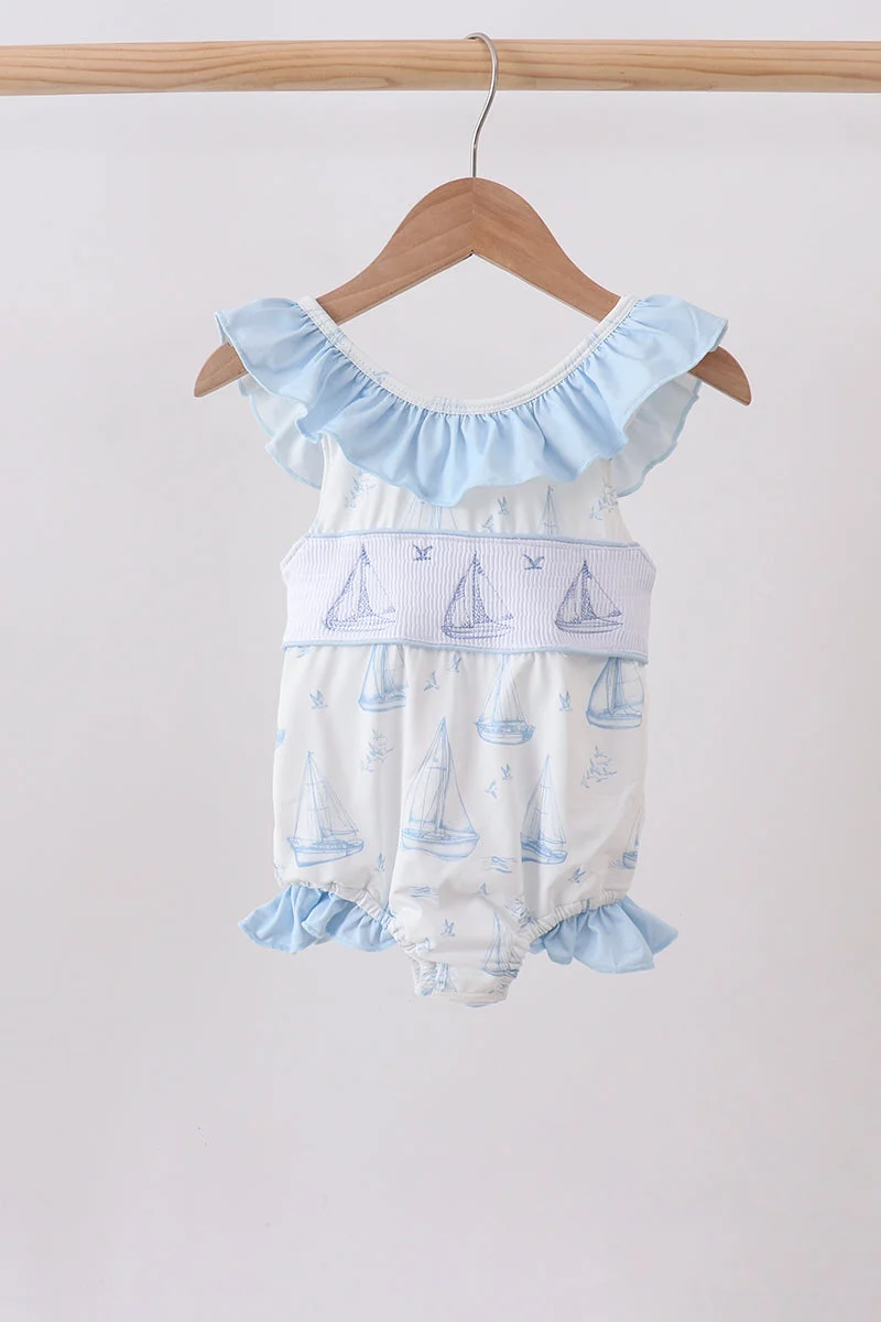 Comfortable Blue Sailboat Smocked One-Piece Swimsuit Refined