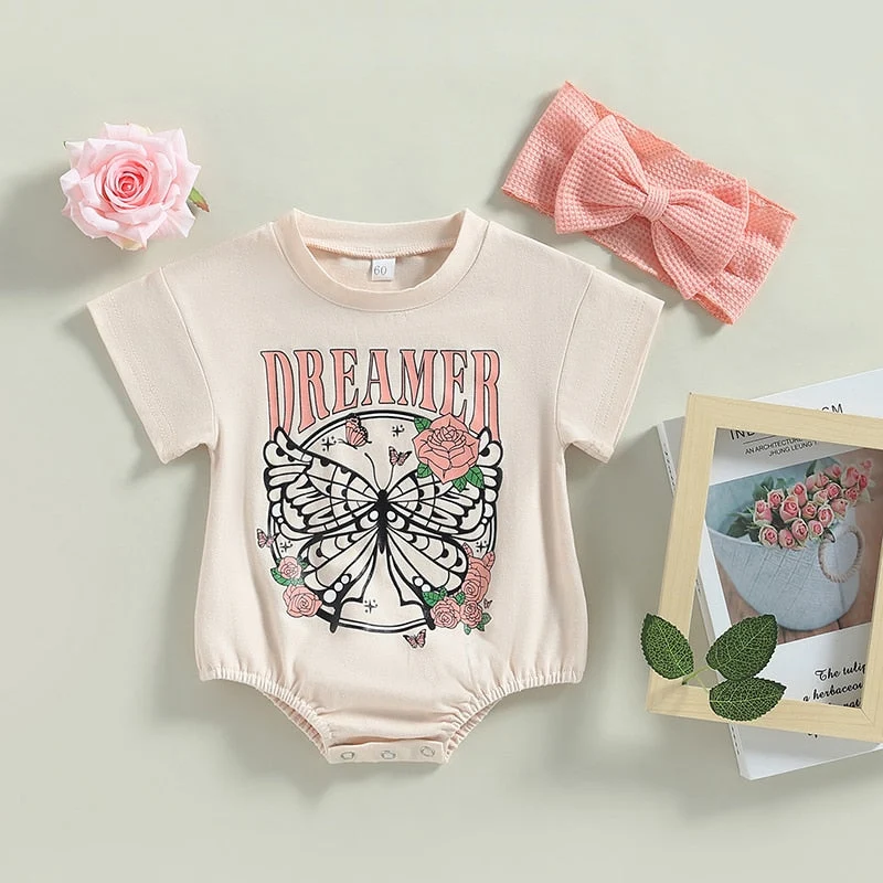 Professional Infant Baby Girl 2Pcs Bodysuit Short Sleeve Dreamer Butterfly Flower Print Bubble Romper Bowknot Headband Smooth