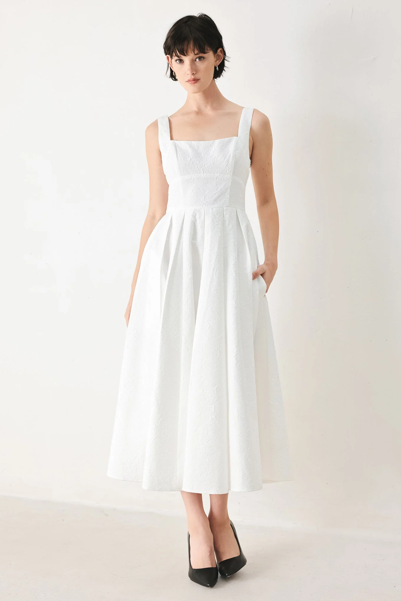 Casual Echo in White Woven Midi Dress Refined