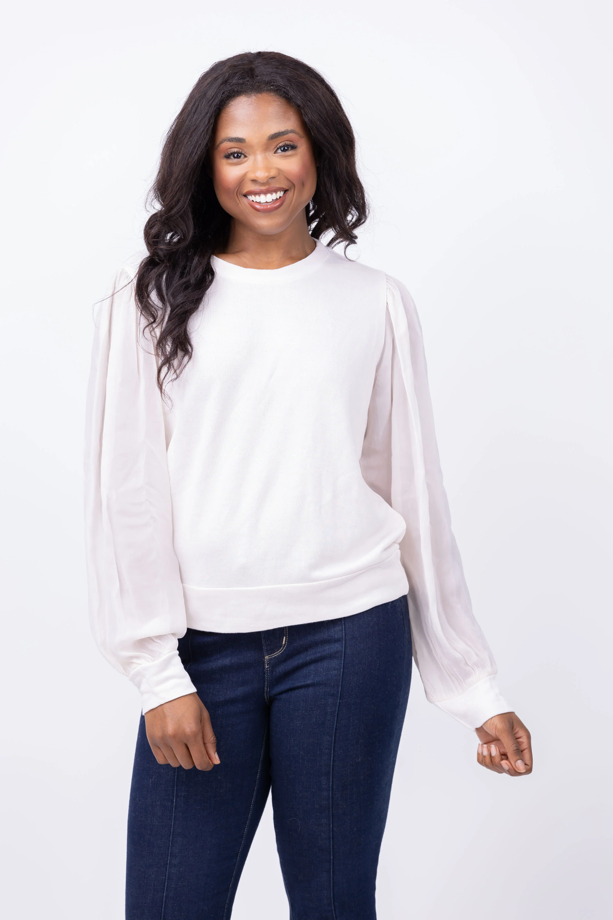 Convenient Maven West Long Sleeve Mix Media Top in Vintage White Prestigious