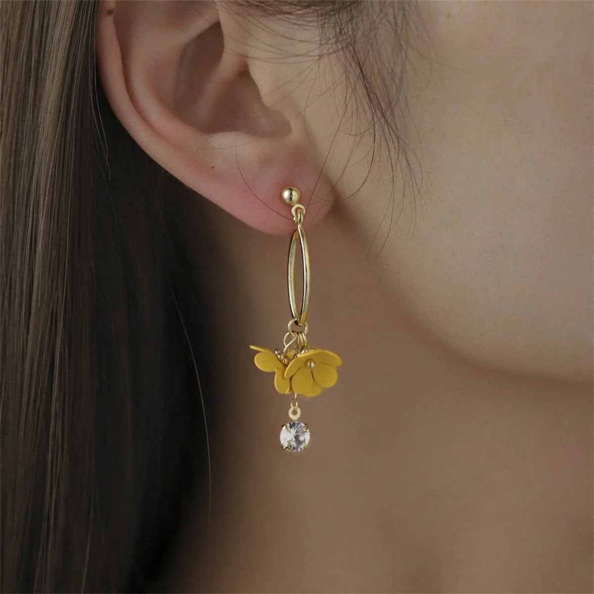 Versatile Yellow Acrylic Cubic Zirconia Goldtone Floral Drop Earrings Specialty