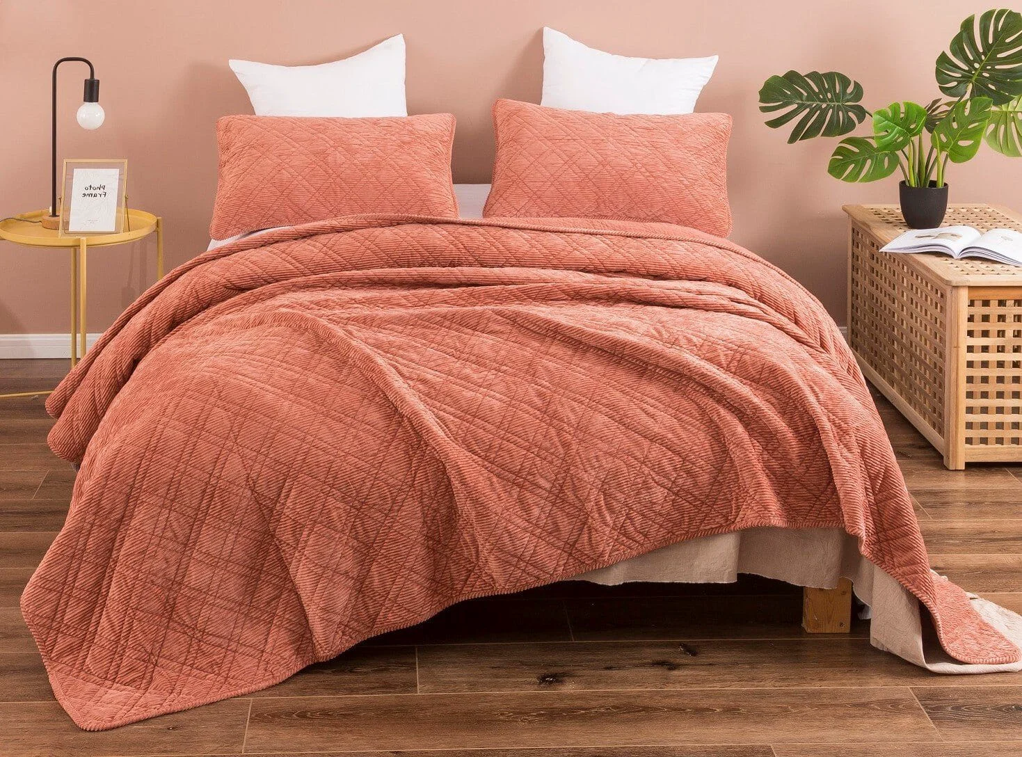 Quality DaDalogy Bedding Terracotta Coral Brick Orange Soft Velour Corduroy Bedspread Set JHW952 Trendy