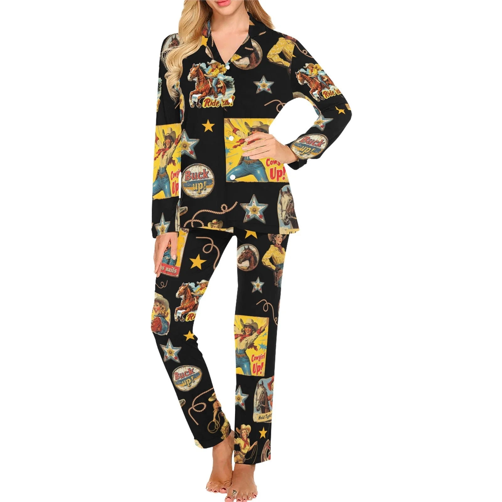 High-End Baha Ranch Vintage Cowgirl Collage Western Pajama Set Verified