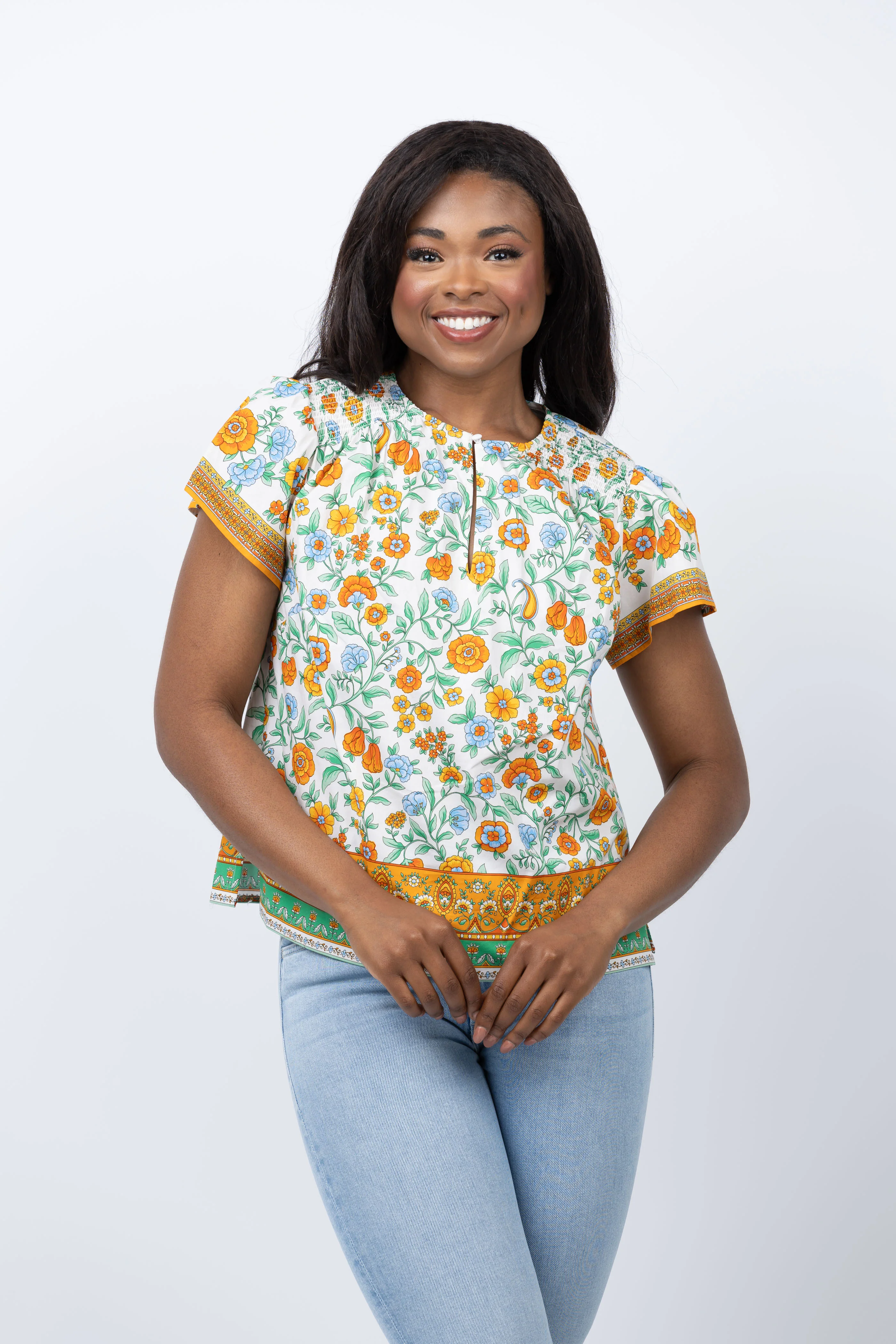 Healthy Shoshanna Paz Top in Ivory Light Blue Saffron Multi Crafted