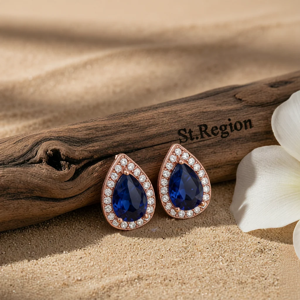 Authentic Navy Crystal Cubic Zirconia Rose Goldtone Halo Teardrop Stud Earrings Premium
