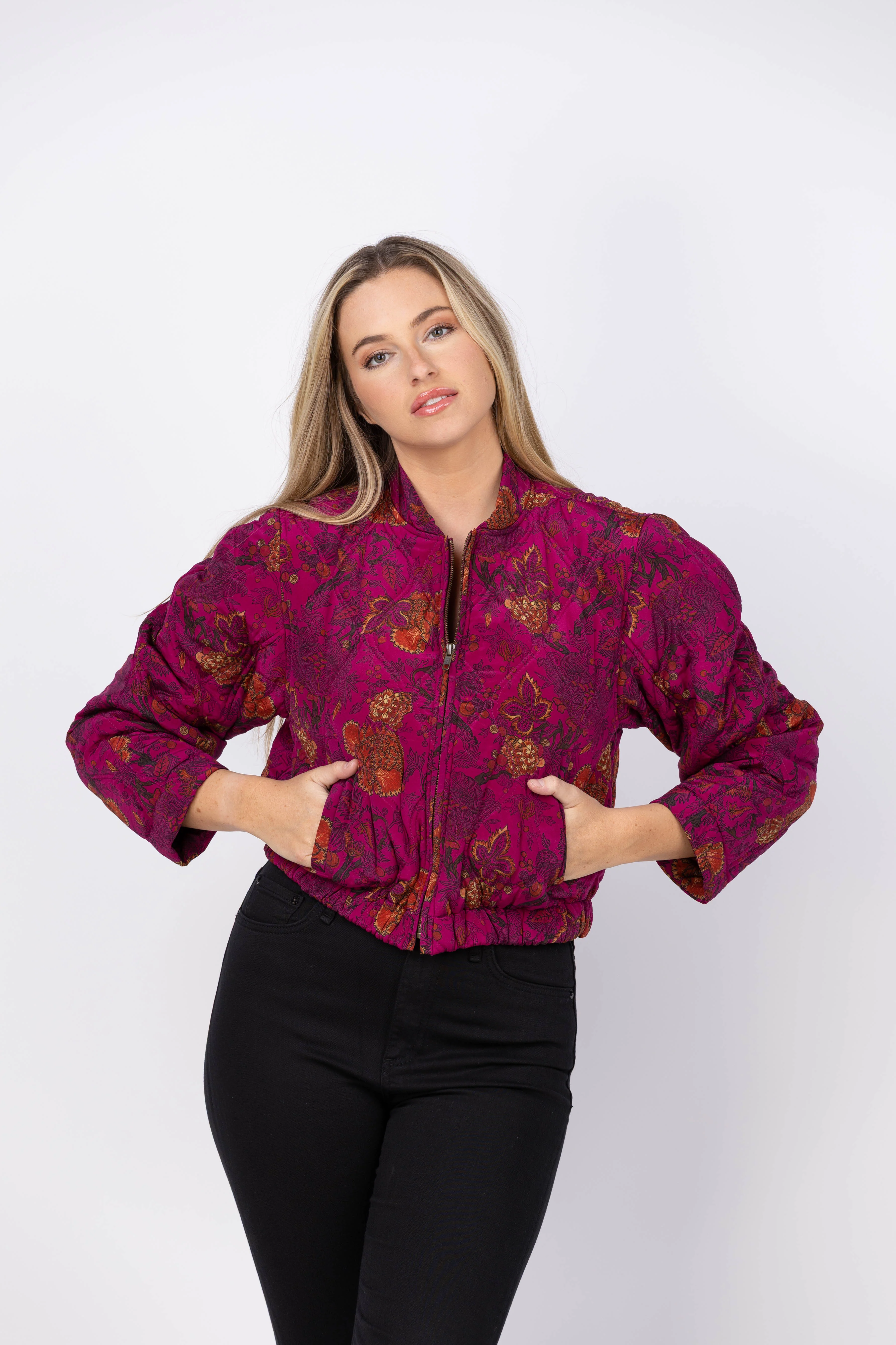 Expertly Made Ulla Johnson Lavinia Silk Quilted Bomber Jacket in Peony Recyclable