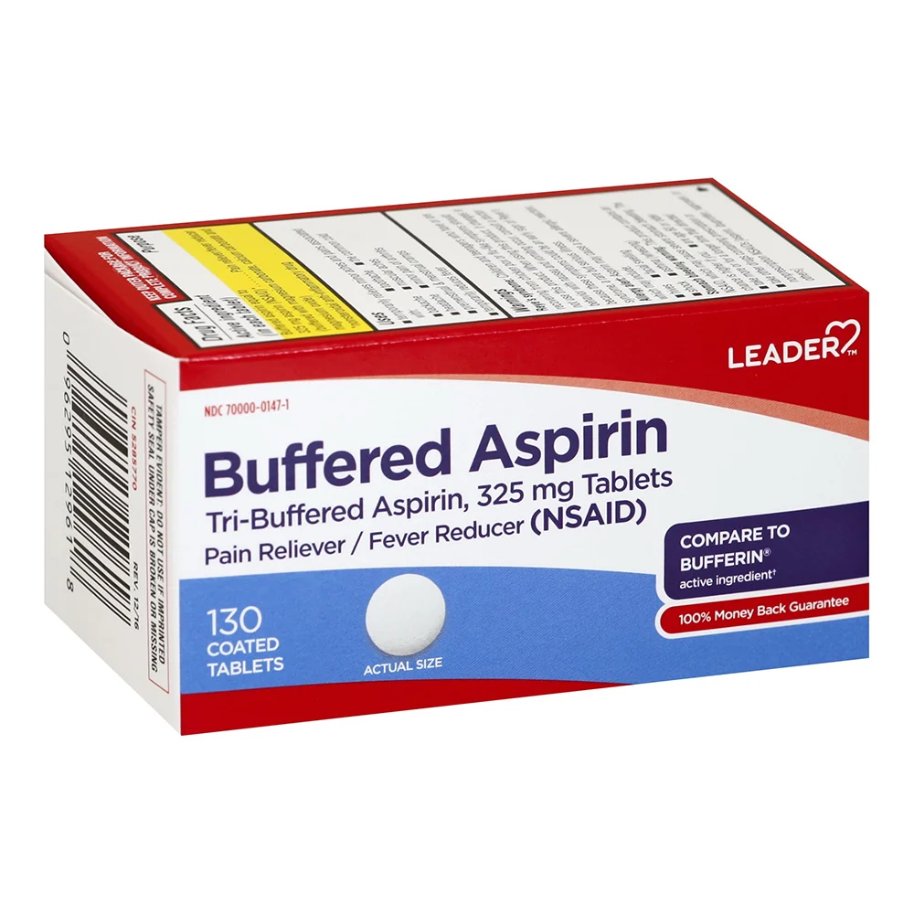 Contemporary Leader Buffered Aspirin Coated Tablets 325mg Tri Buffered Formula Pain Reliever and Fever Reducer 130Ea Classic