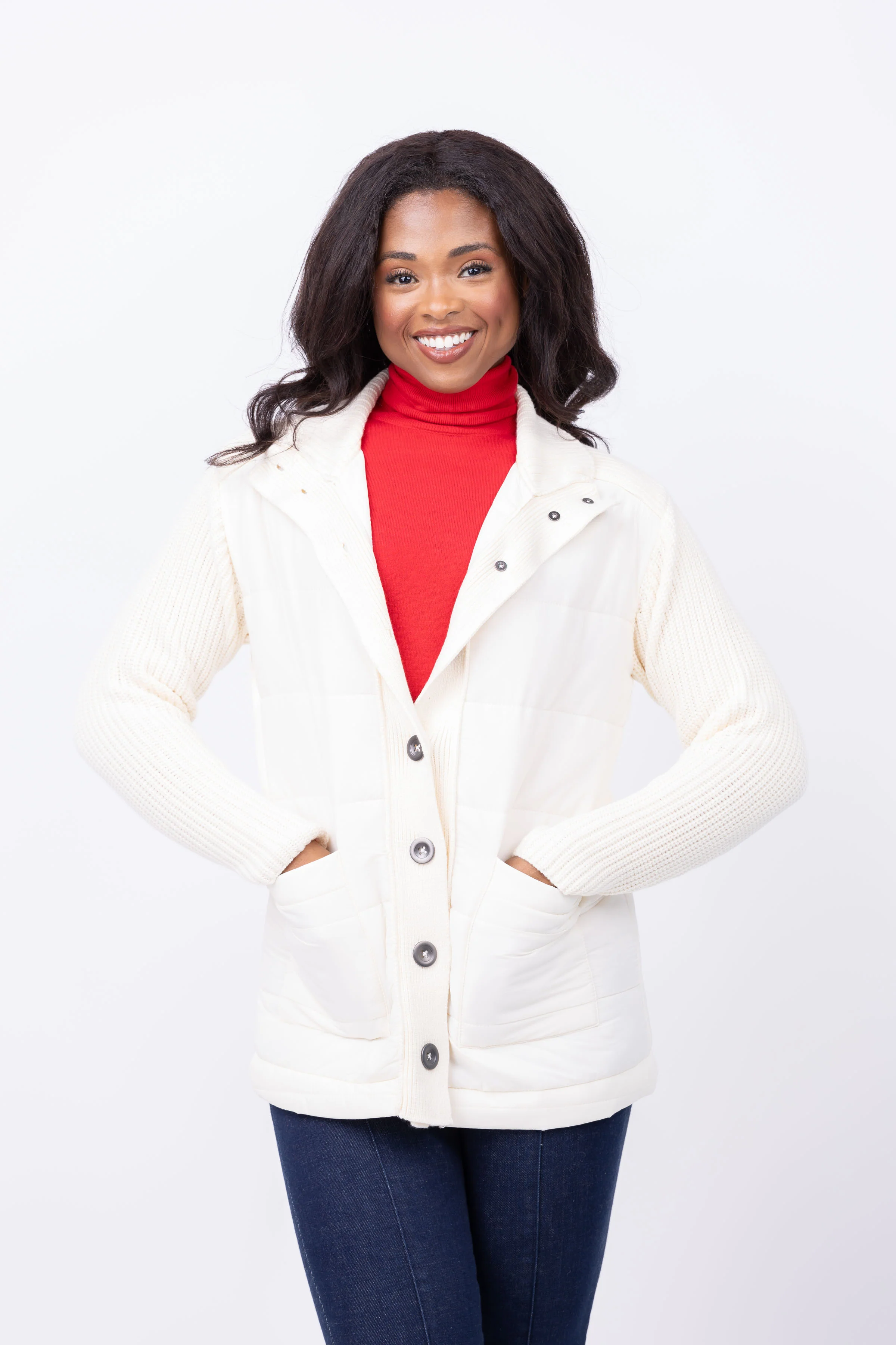 World-Class Nic Zoe Mix Media Quilted Puffer Jacket in Classic Cream High-Quality