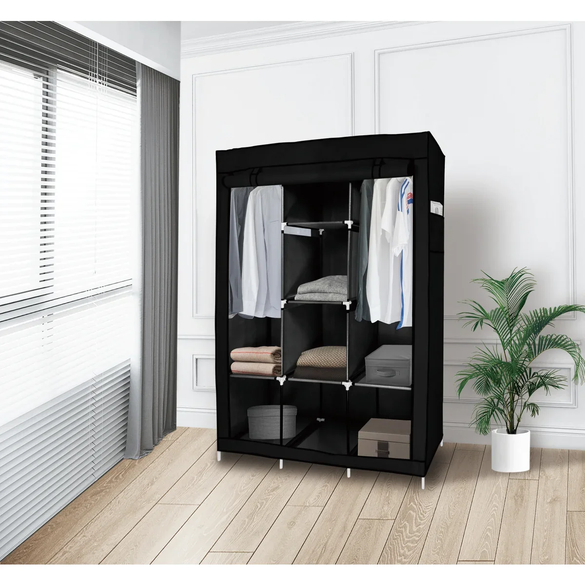 Fine Crafted Portable Standing Closet with 8 Storage Shelves 2 Hanging Rod 4 Pockets Exclusive