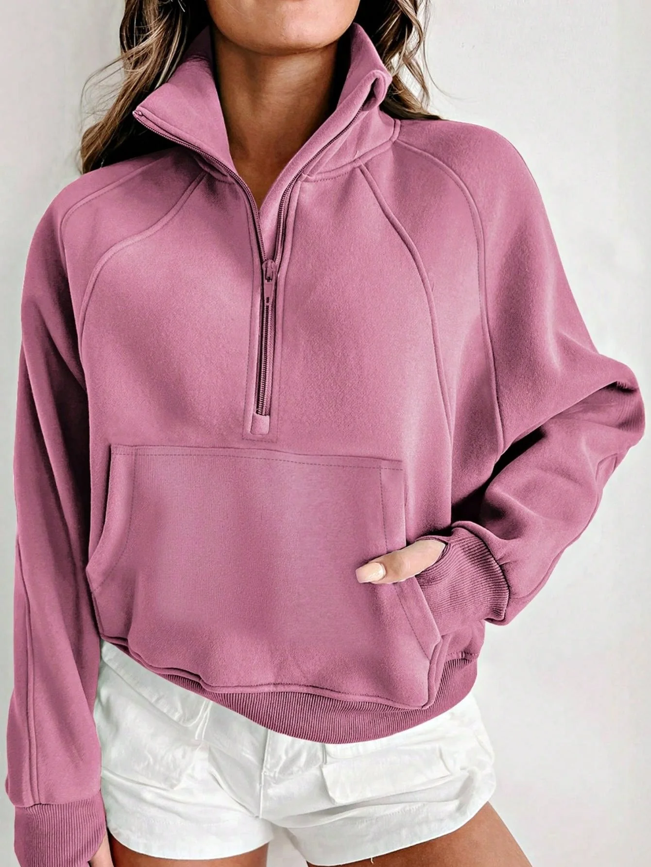 Superior Boho Retro Vintage 90's Cotton Stand Collar Solid Kangaroo Front Pocket Thumbhole Long Sleeve Zip Up Top Sweatshirt Pullover Professional
