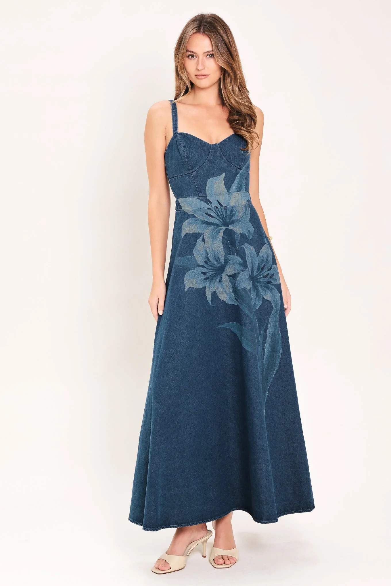 Eco-Friendly Midnight Bloom Denim Midi Dress Enhanced