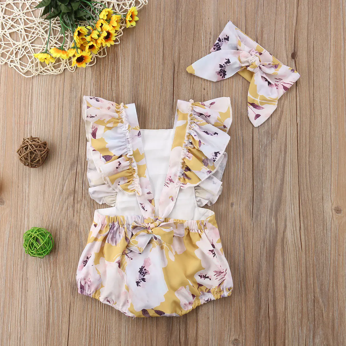 Carefully Designed Girls' Floral Outfit with Back Tie and Headband Set World-Class