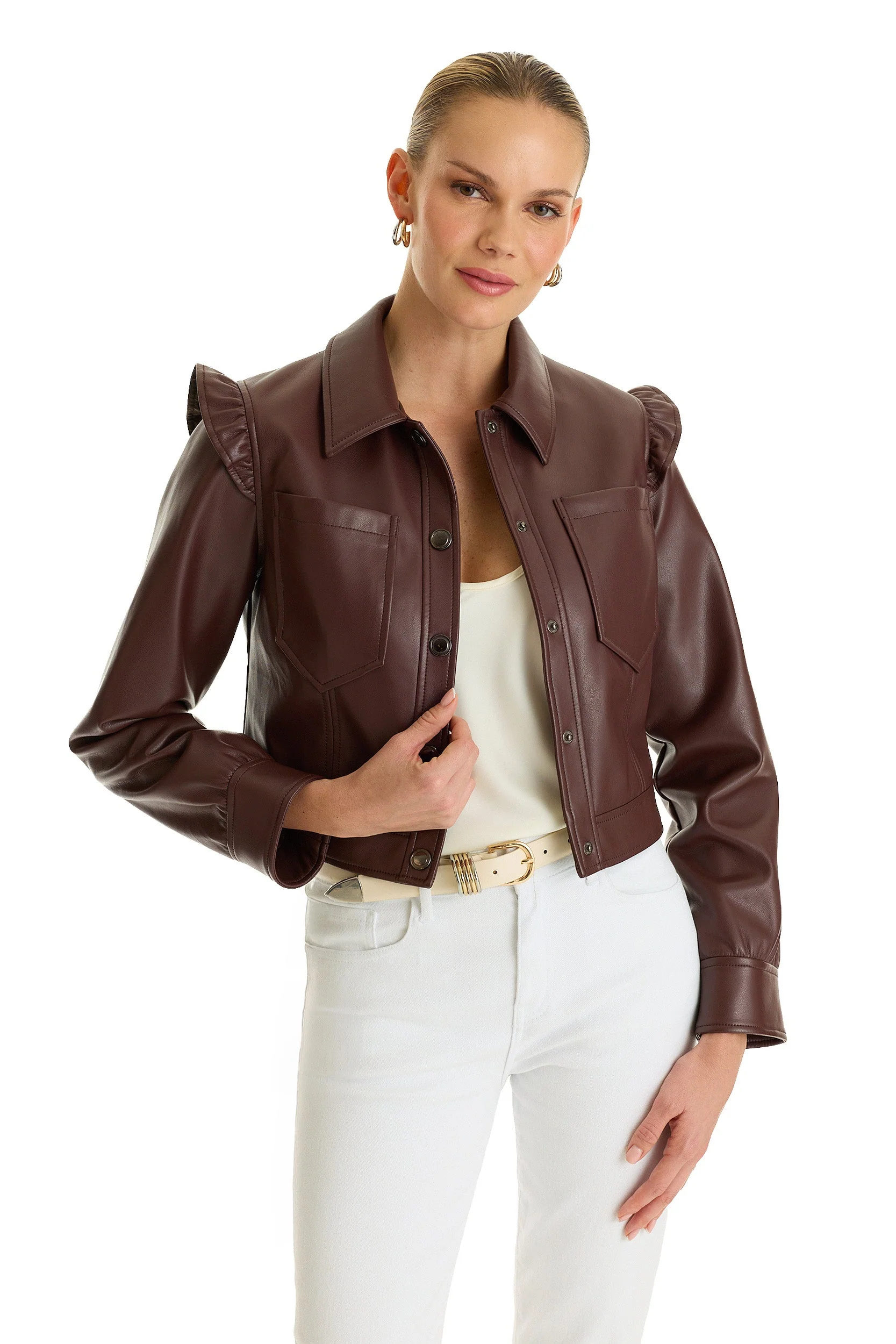 Effective Chantal Ruffle Sleeve Leather Jacket - Espresso Sophisticated