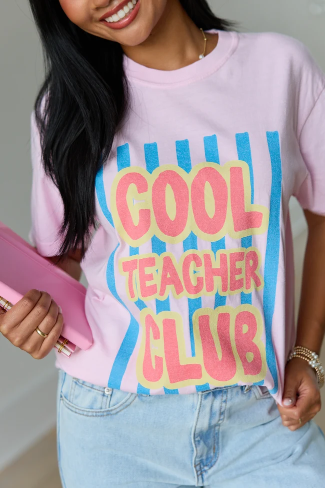 Artisan Cool Teacher Club Striped Light Pink Graphic Tee Minimalist