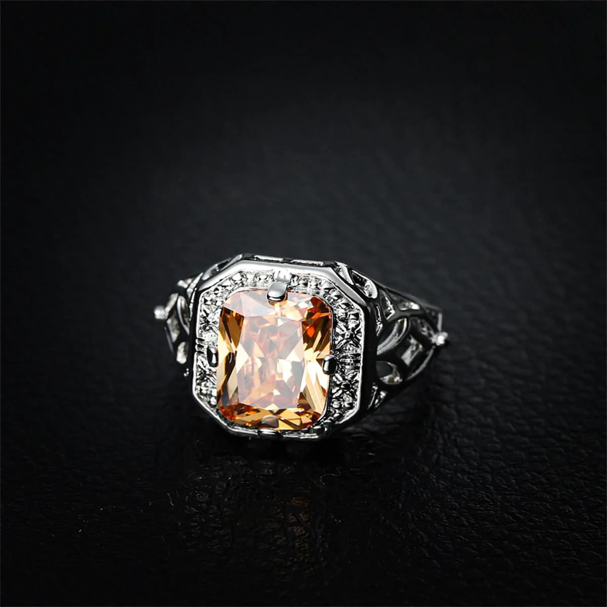 Versatile Champagne Crystal Silvertone Openwork Radiant-Cut Ring Premium Material