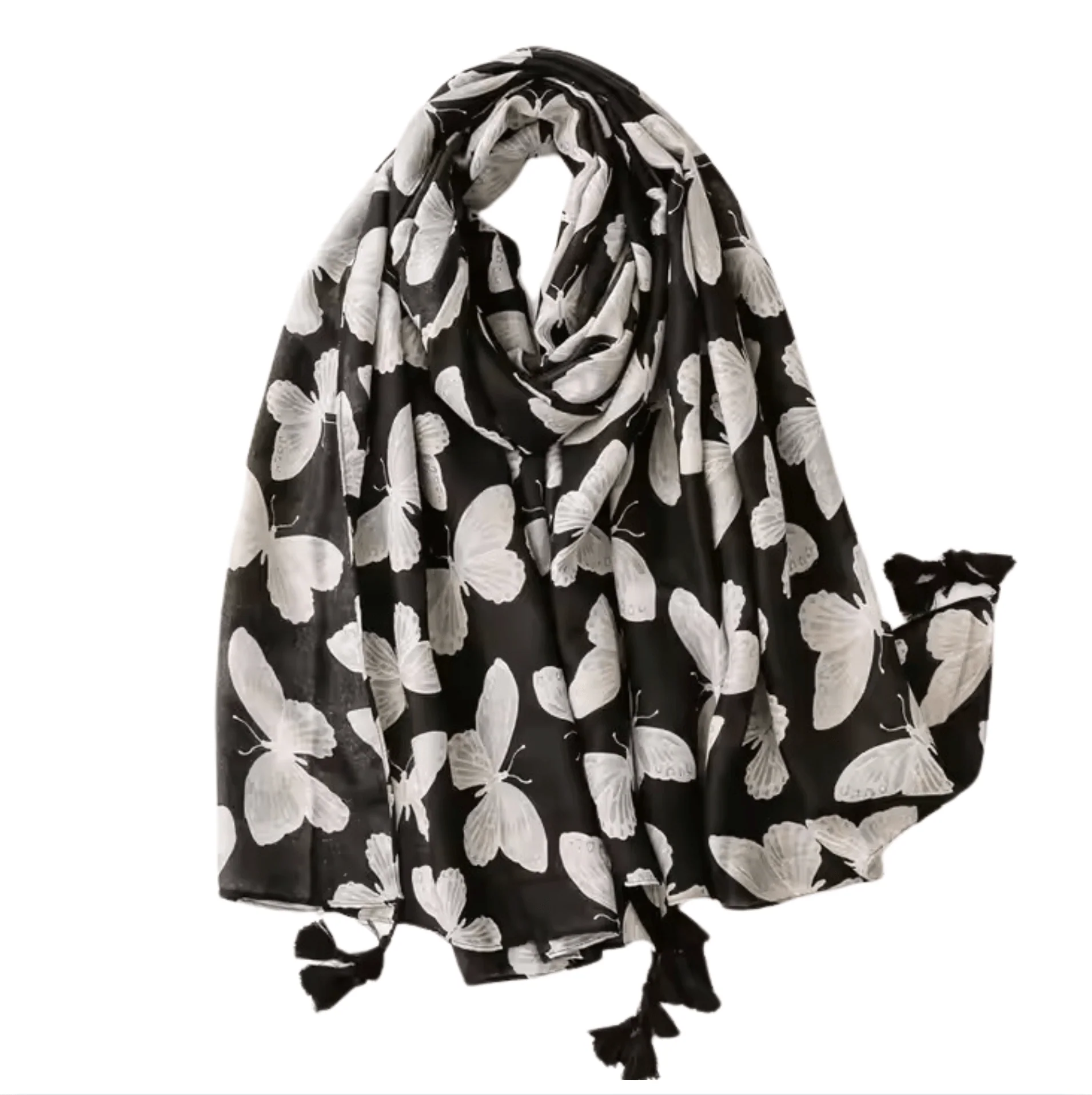 Effective Chic Black Butterfly Scarf with Tassels Relaxed