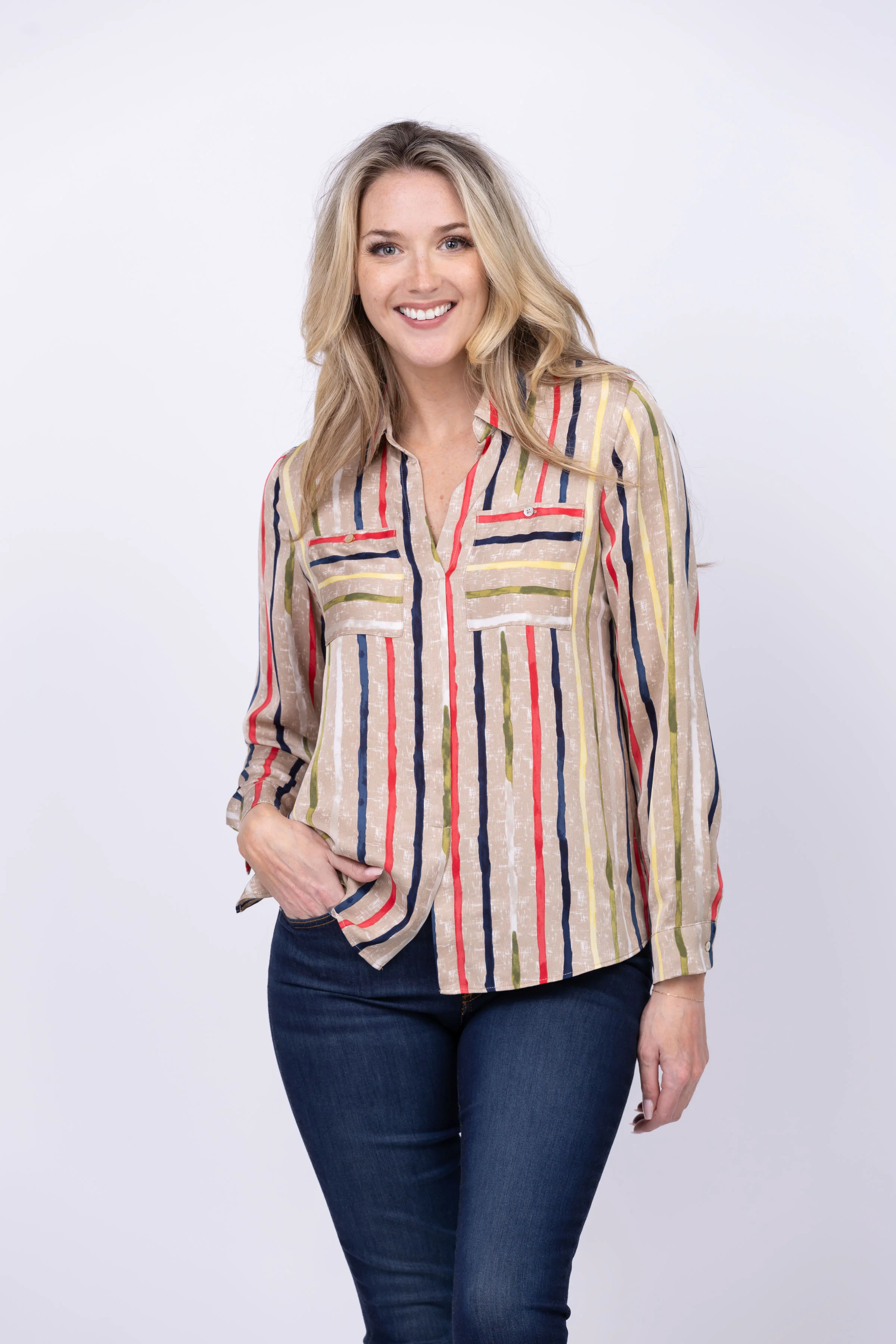 Superior Nic Zoe Painted Stripe Top in Neutral Multi Relaxed