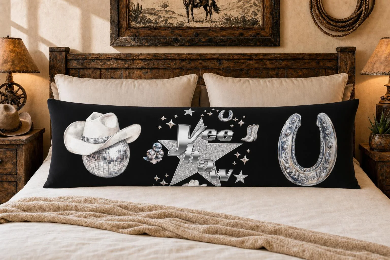 High-Quality Baha Ranch Yeehaw Rhinestone Cowgirl Body Pillow Cover Made in America Expertly Made