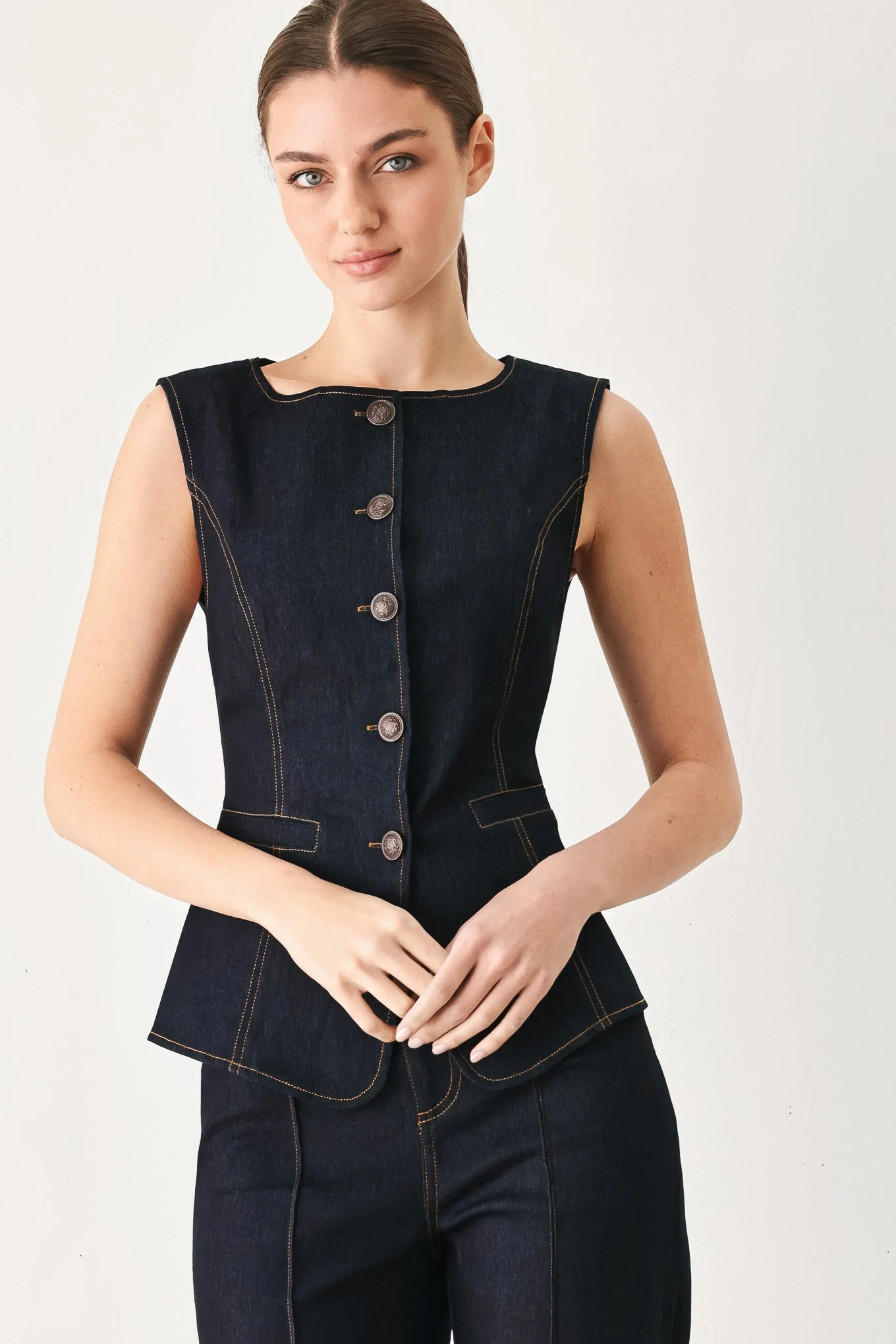 Superior Contrast Stitch Denim Vest Practical