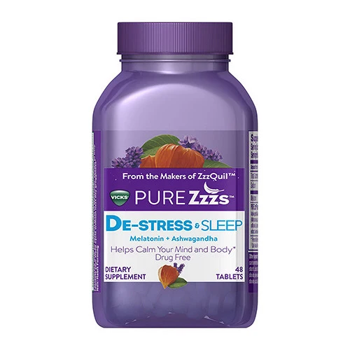 Flexible De Stress Sleep Melatonin Sleep Aid tablets by Vicks PURE Zzzs 48 Ea Secure
