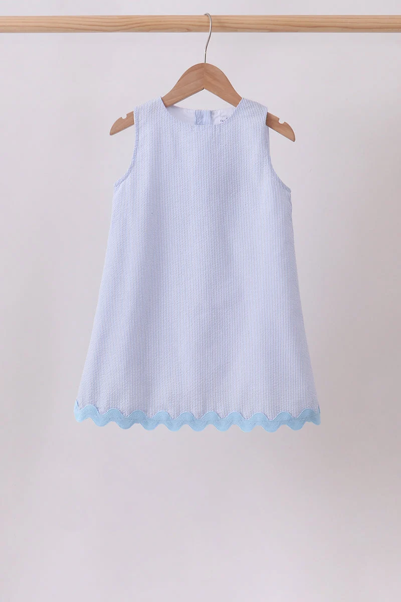 Top-Quality Blue Seersucker Stripe Scalloped Dress Trusted