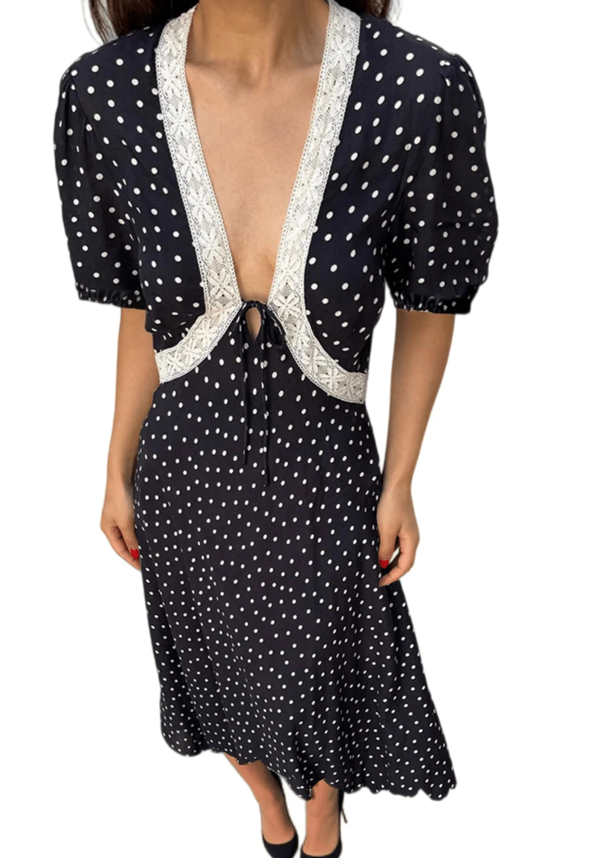 Traditional Chic YC Women's Polka Dot Puff Sleeve Maxi Dress Lace Trim Tie Front Boho Summer Dress Premium Material