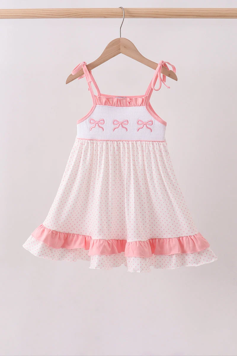 Specialty Pink bow smocked dot ruffle dress Eco-Friendly