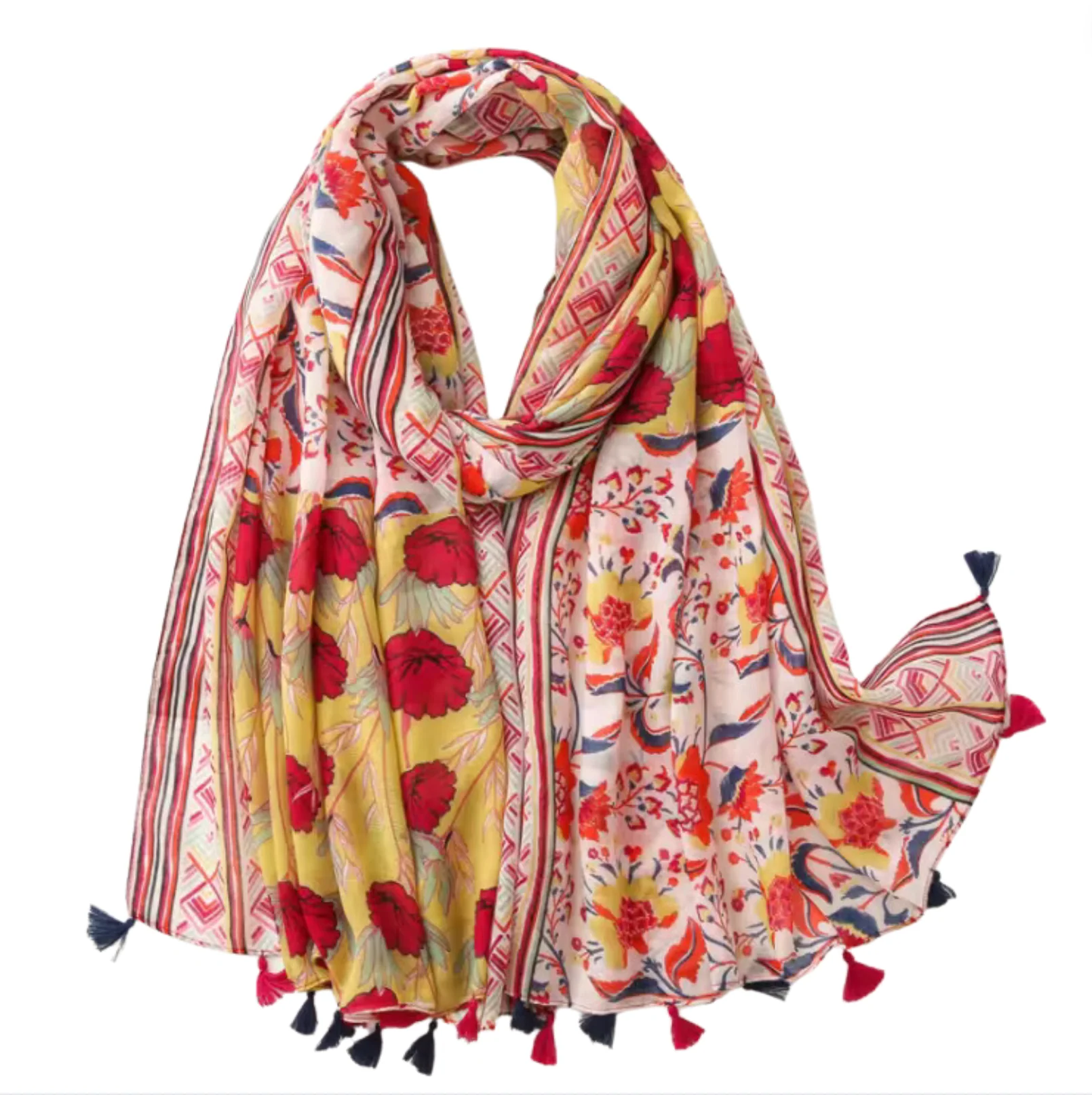 Official Floral Lightweight Scarf with Tassels in Red Hues Artisan