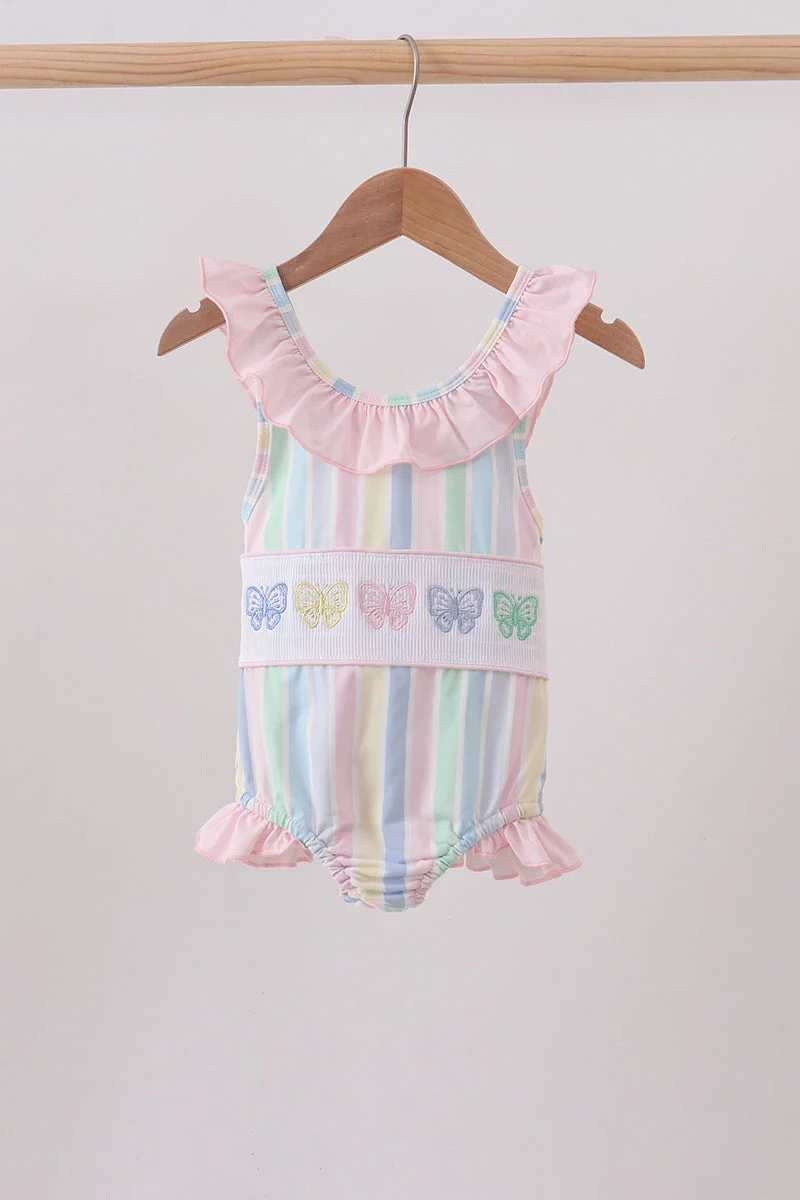 Genuine Rainbow stripe butterfly smocked ruffle one-piece swimsuit Official