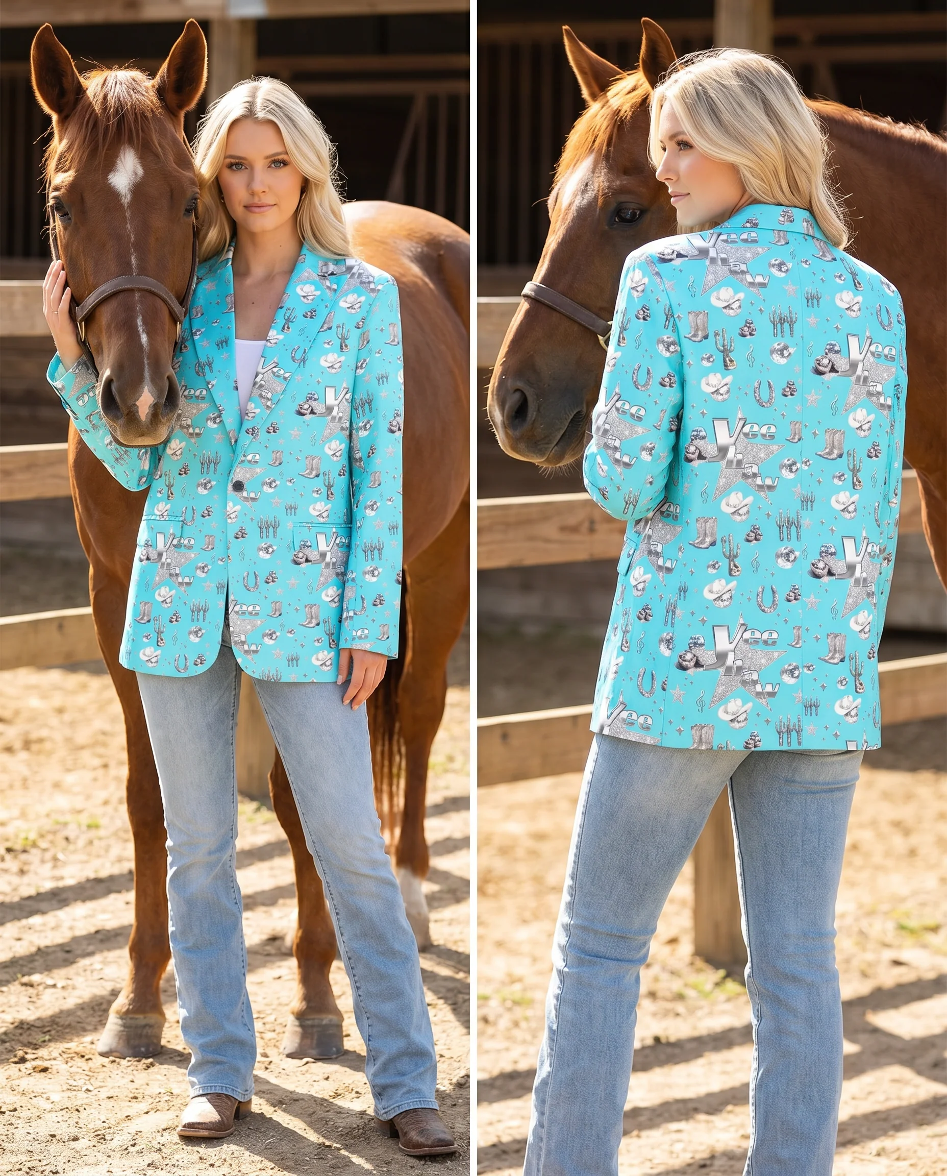 Breathable Baha Ranch Turquoise YEEHAW Rhinestone Cowgirl Blazer Specialty